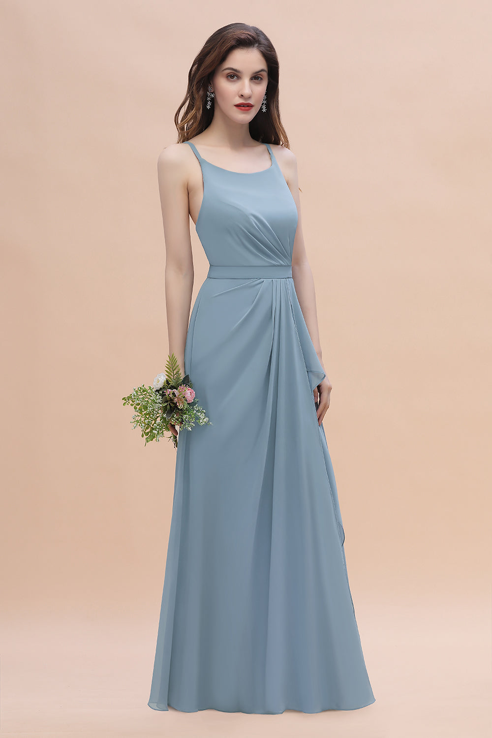 Gorgeous A-Line Straps Dusty Blue Chiffon Bridesmaid Dresses with Ruffles On Sale - Fashionpara