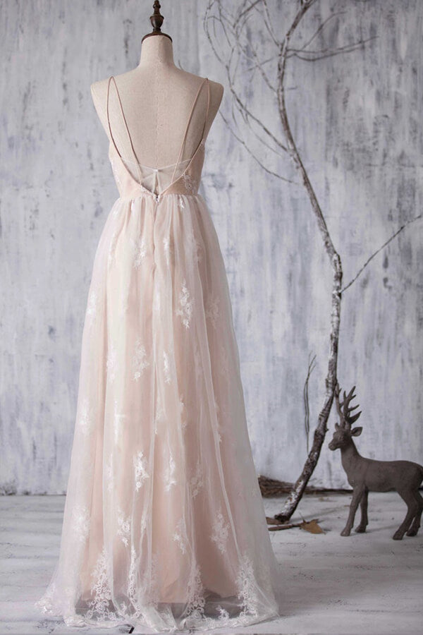 Gorgeous A-line Tulle Lace Wedding Dress Spaghetti Straps Ruffles Bridal Gowns - Fashionpara
