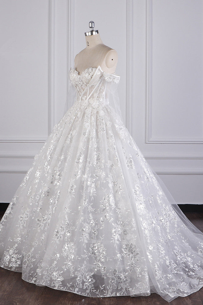 Gorgeous Ball Gown Strapless Tulle Lace Wedding Dress Sleeveless Appliques Sequins Bridal Gowns - Fashionpara