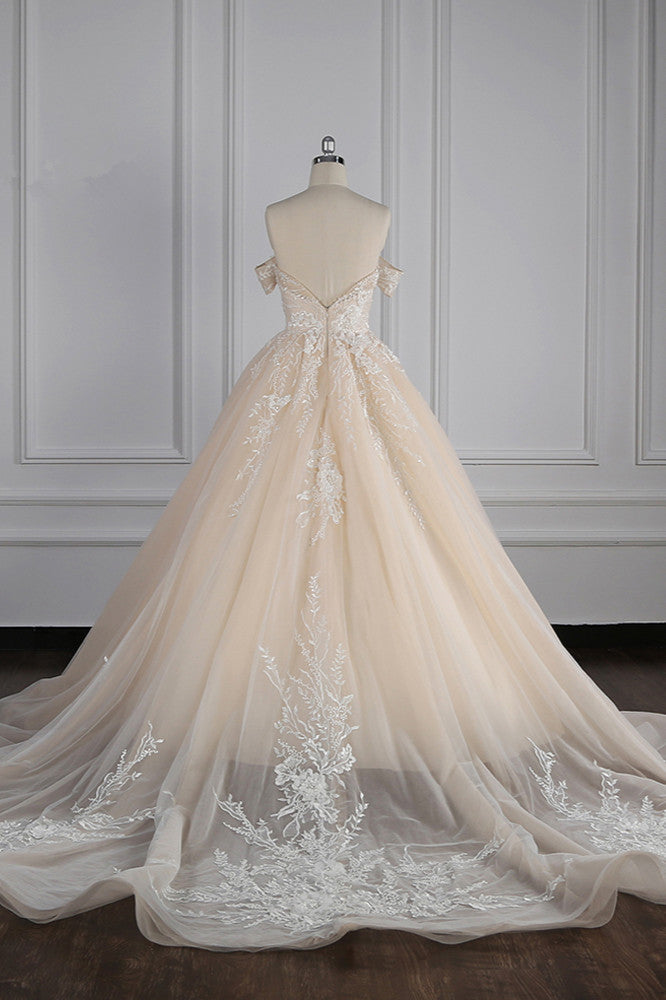 Gorgeous Ball Gown Tulle Lace Wedding Dress Champagne Appliques Off-the-Shoulder Bridal Gowns with Beadings On Sale - Fashionpara
