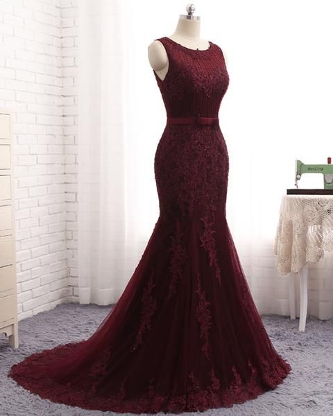 Gorgeous Burgundy Mermaid Prom Dress With Lace Appliques - Fashionpara