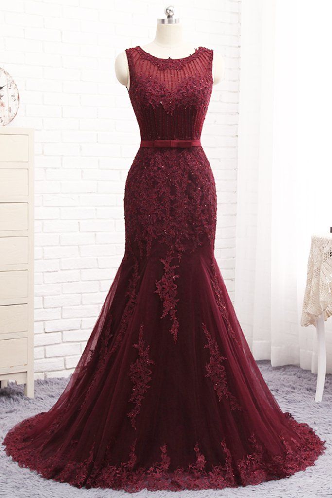 Gorgeous Burgundy Mermaid Prom Dress With Lace Appliques - Fashionpara