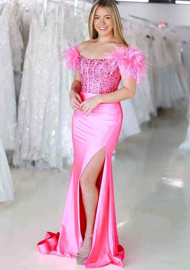 Gorgeous Charmeuse Prom Dress/Evening Dress With Feather Pleated Sequins and Sheath/Column Sweep Train Square Neckline Sleeveless Design - Fashionpara