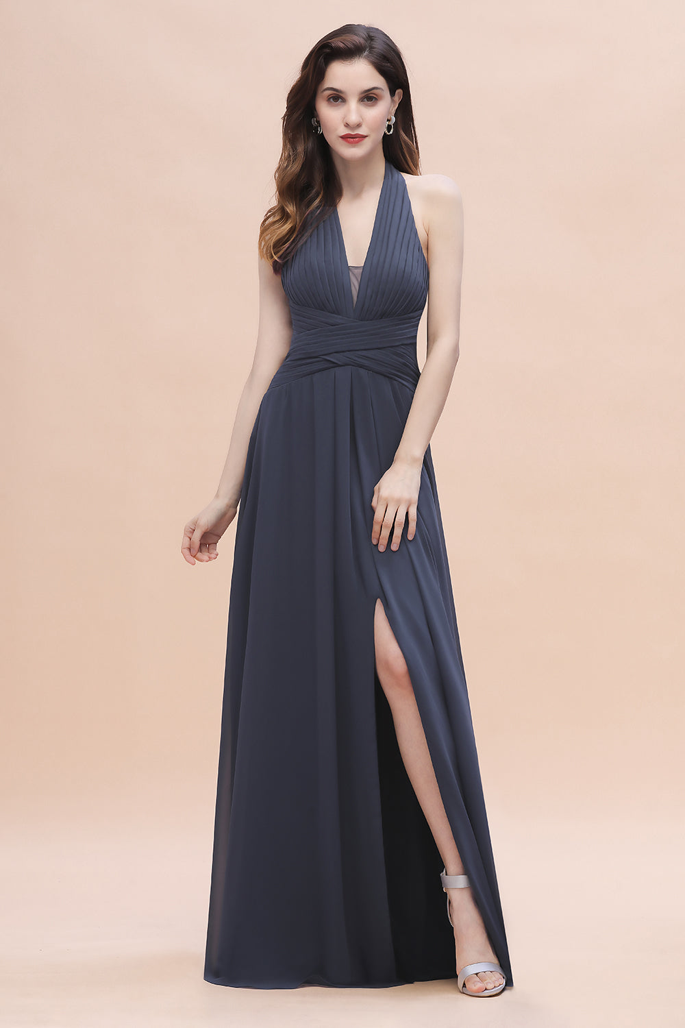 Gorgeous Halter Chiffon Ruffles Bridesmaid Dresses with Front Slit - Fashionpara