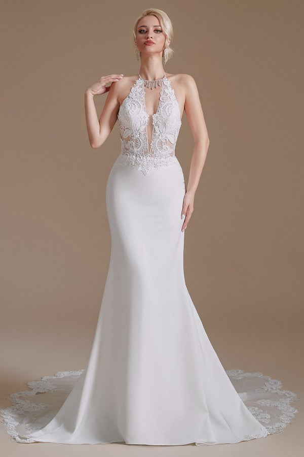 Gorgeous Halter Sleeveless Mermaid Wedding Dress With Appliques - Fashionpara