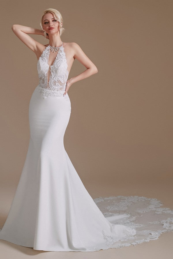 Gorgeous Halter Sleeveless Mermaid Wedding Dress With Appliques - Fashionpara