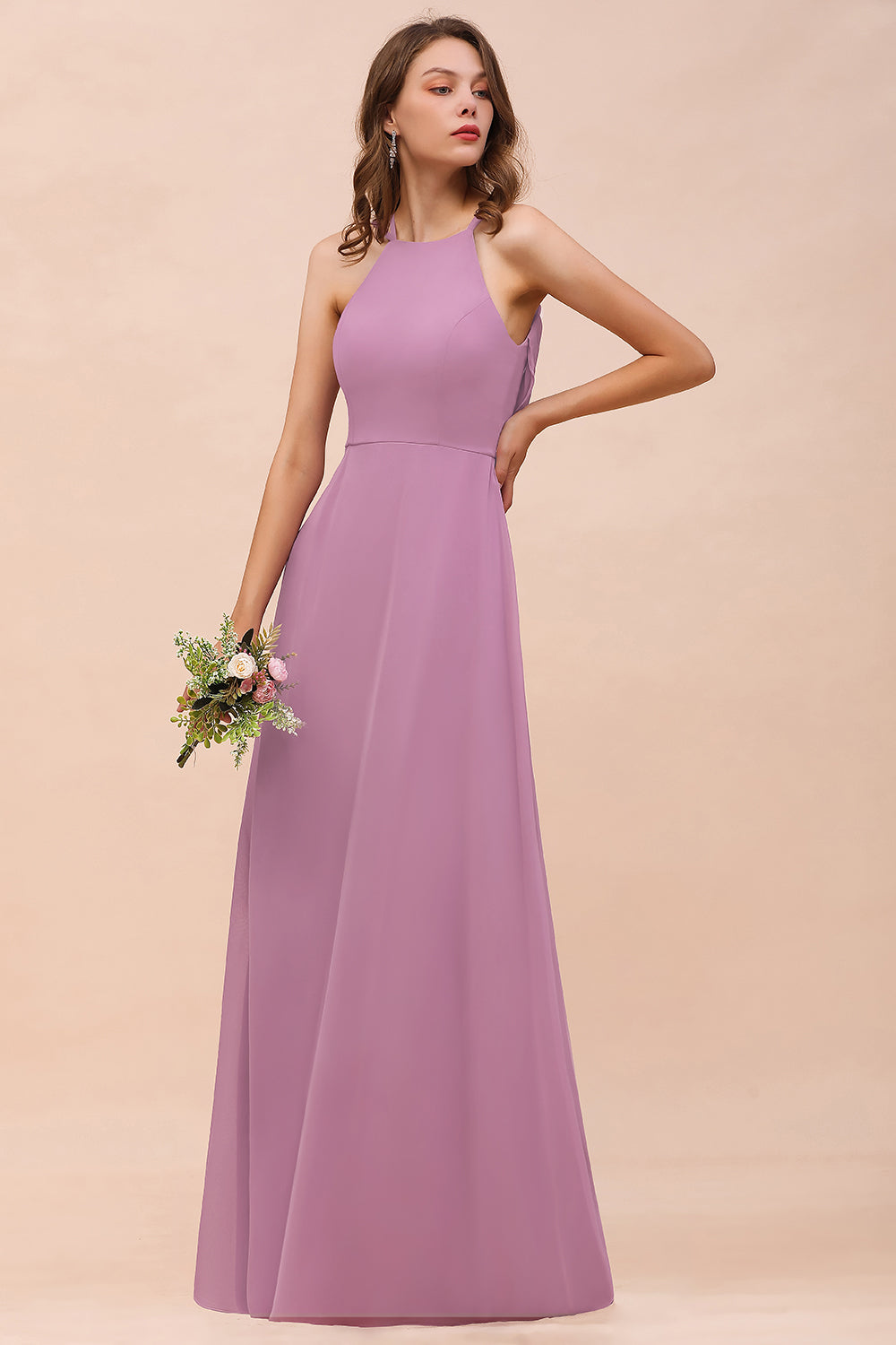Gorgeous Halter Wisteria Chiffon Bridesmaid dresses with Draped Back - Fashionpara