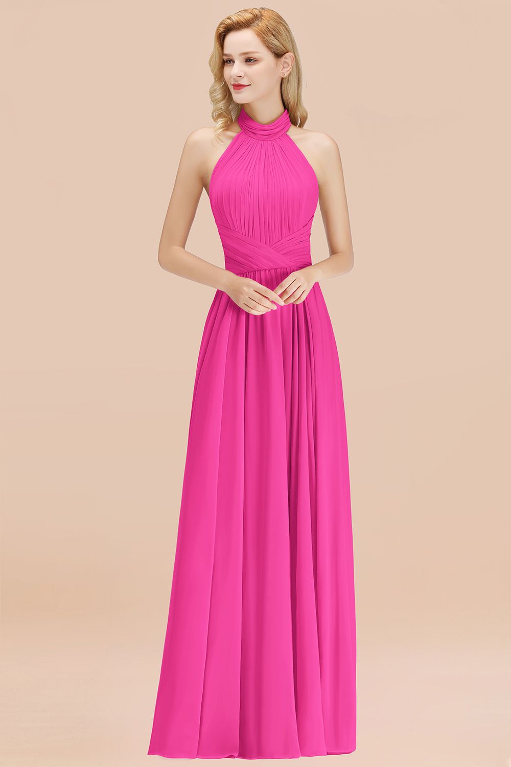 Gorgeous High-Neck Halter Backless Bridesmaid Dresses Dusty Rose Chiffon Maid of Honor Dress - Fashionpara