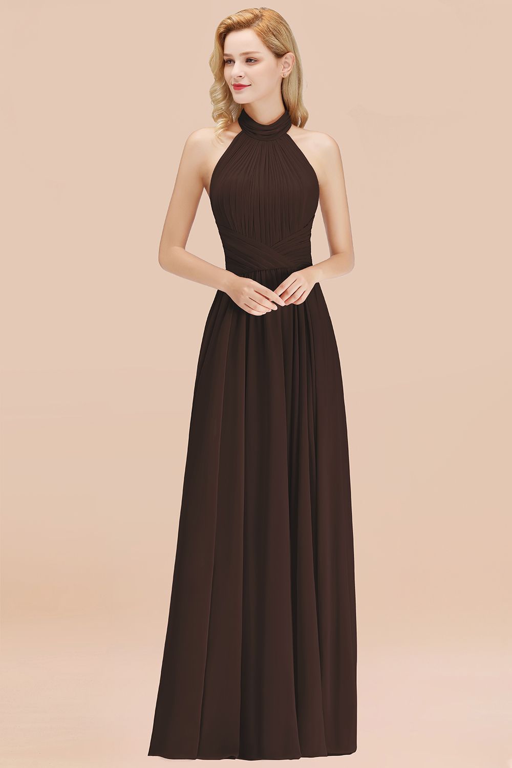 Gorgeous High-Neck Halter Backless Bridesmaid Dresses Dusty Rose Chiffon Maid of Honor Dress - Fashionpara