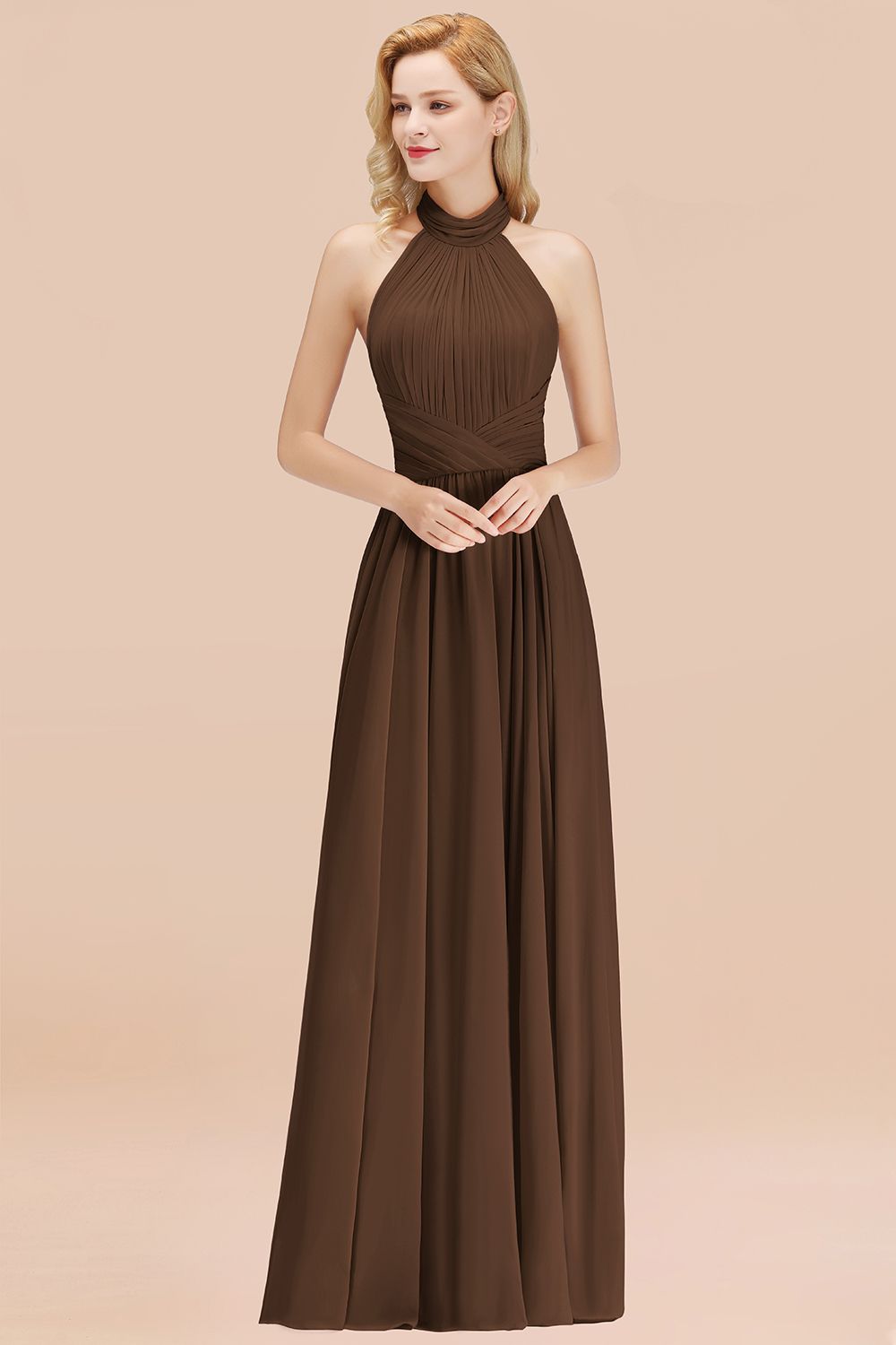 Gorgeous High-Neck Halter Backless Bridesmaid Dresses Dusty Rose Chiffon Maid of Honor Dress - Fashionpara