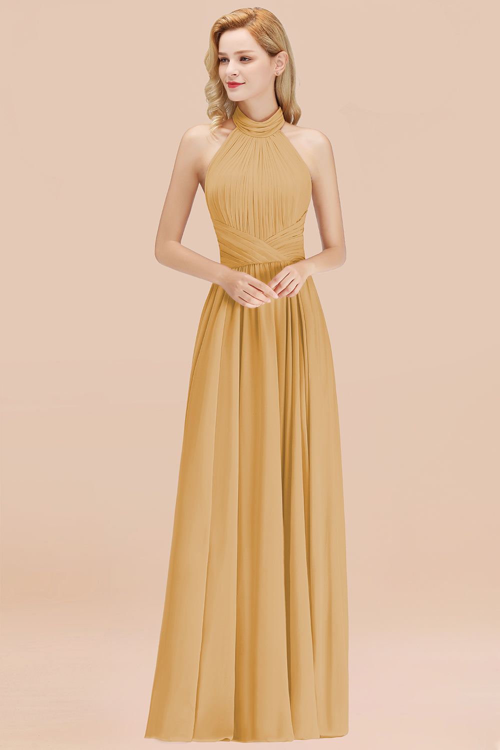 Gorgeous High-Neck Halter Backless Bridesmaid Dresses Dusty Rose Chiffon Maid of Honor Dress - Fashionpara