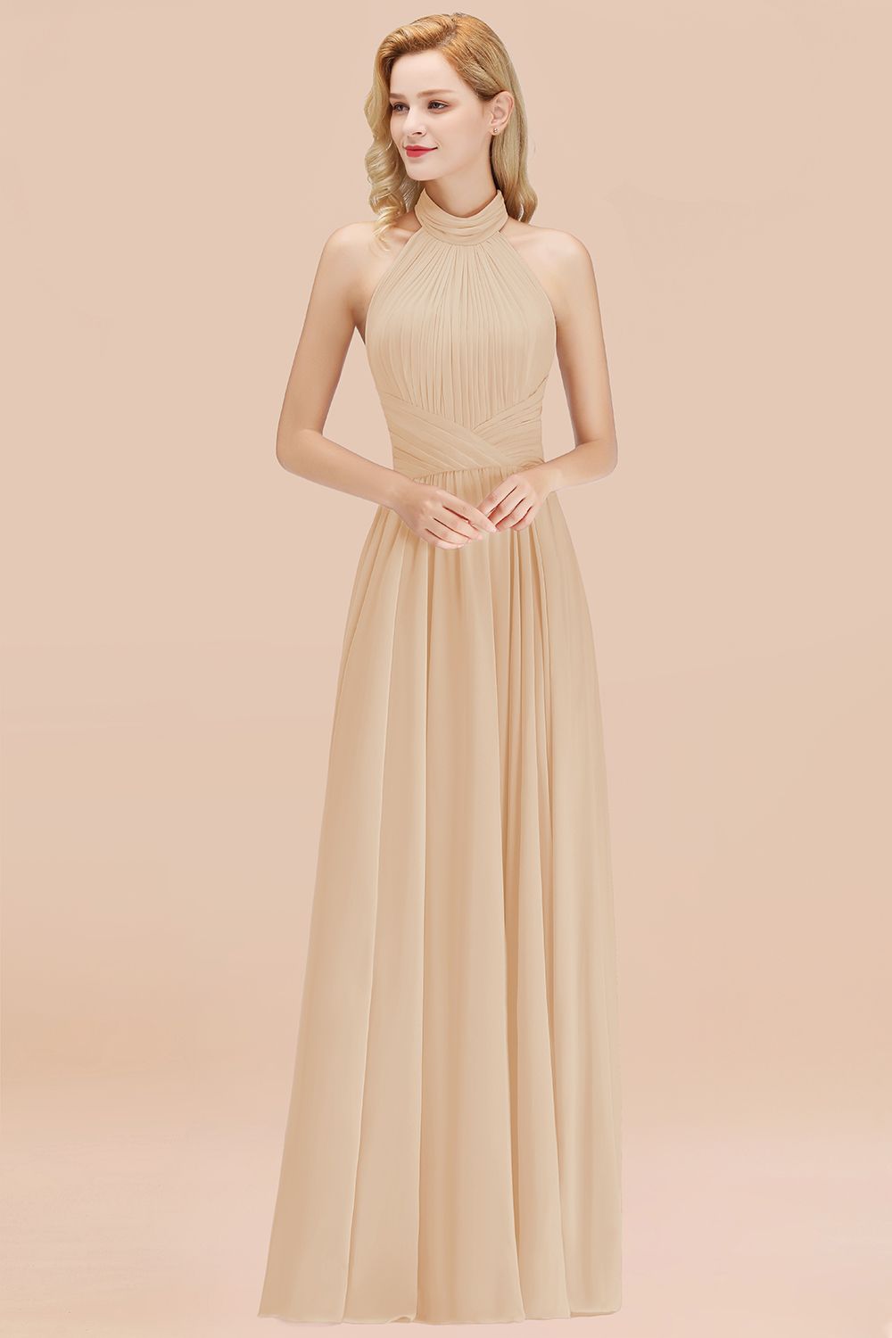 Gorgeous High-Neck Halter Backless Bridesmaid Dresses Dusty Rose Chiffon Maid of Honor Dress - Fashionpara