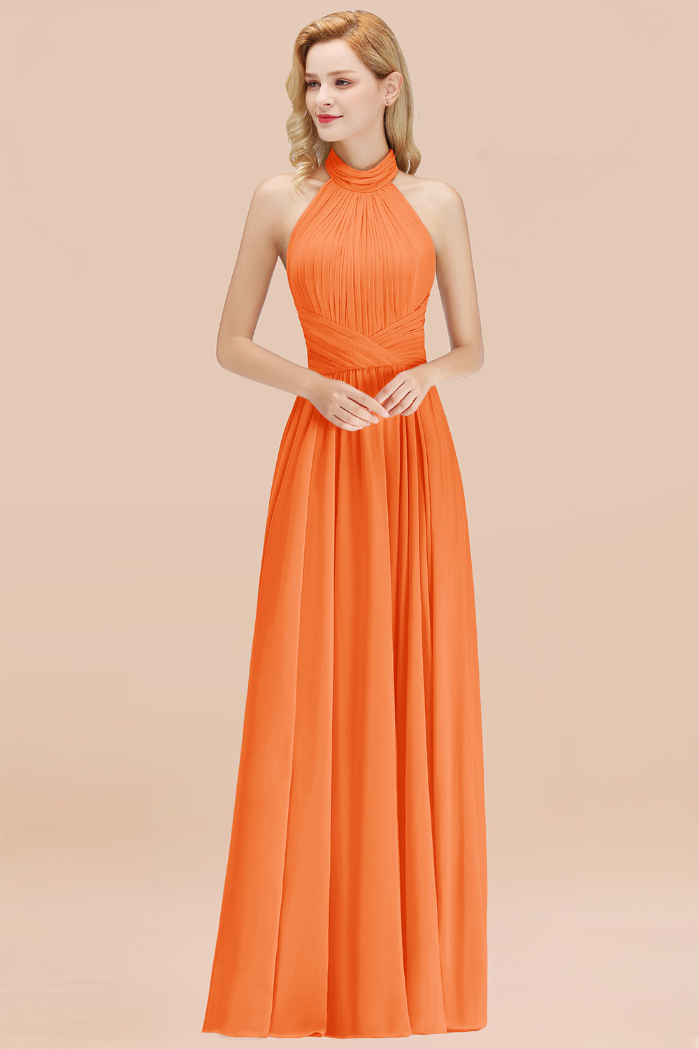 Gorgeous High-Neck Halter Backless Bridesmaid Dresses Dusty Rose Chiffon Maid of Honor Dress - Fashionpara