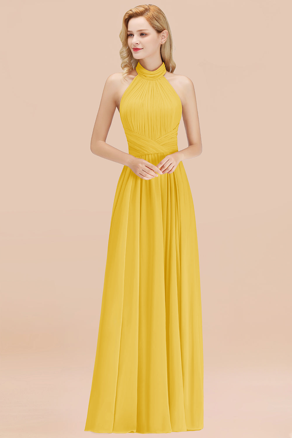 Gorgeous High-Neck Halter Backless Bridesmaid Dresses Dusty Rose Chiffon Maid of Honor Dress - Fashionpara