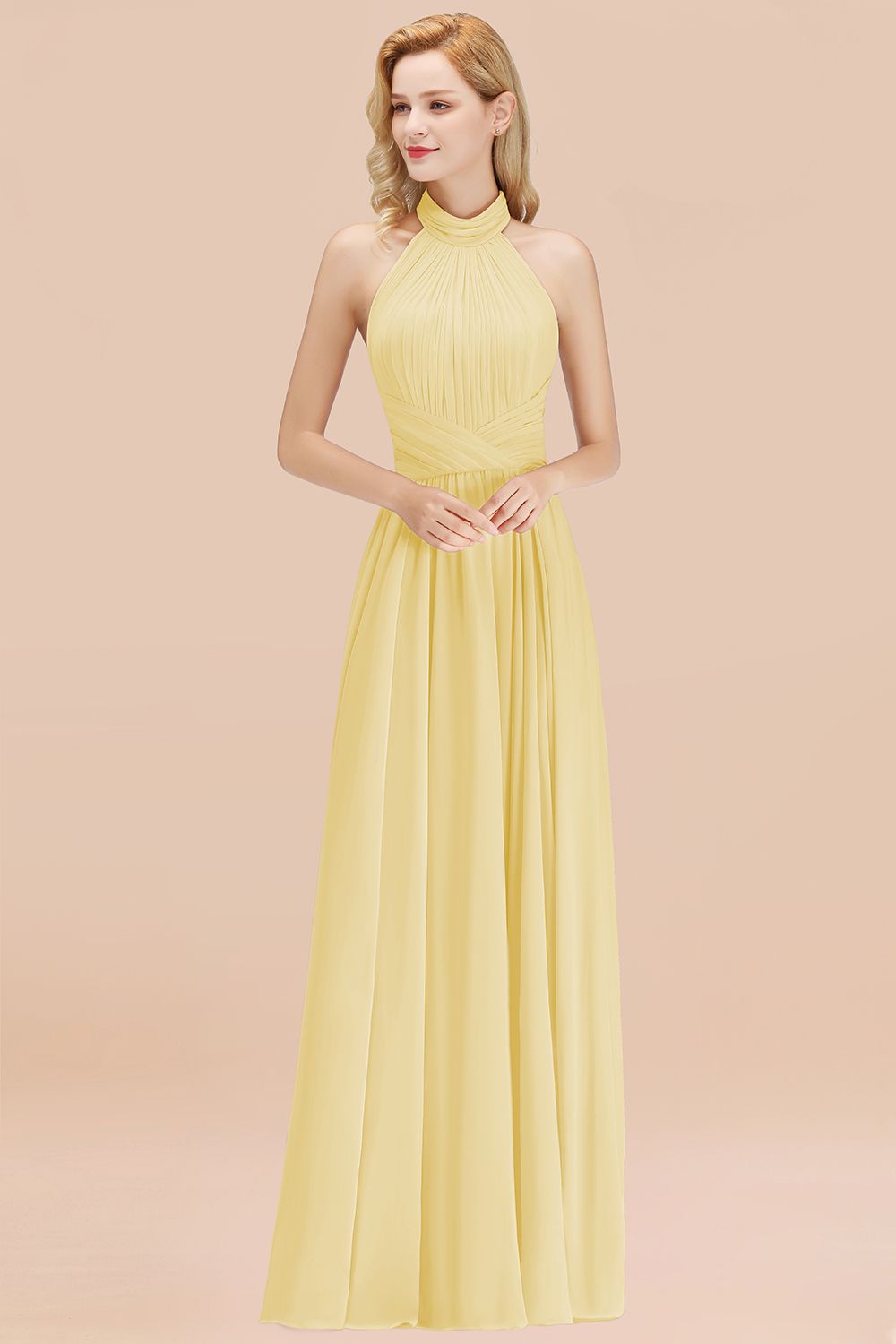 Gorgeous High-Neck Halter Backless Bridesmaid Dresses Dusty Rose Chiffon Maid of Honor Dress - Fashionpara