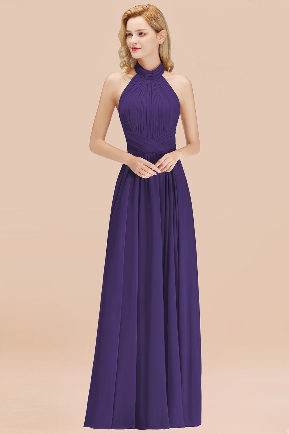 Gorgeous High-Neck Halter Backless Bridesmaid Dresses Dusty Rose Chiffon Maid of Honor Dress - Fashionpara
