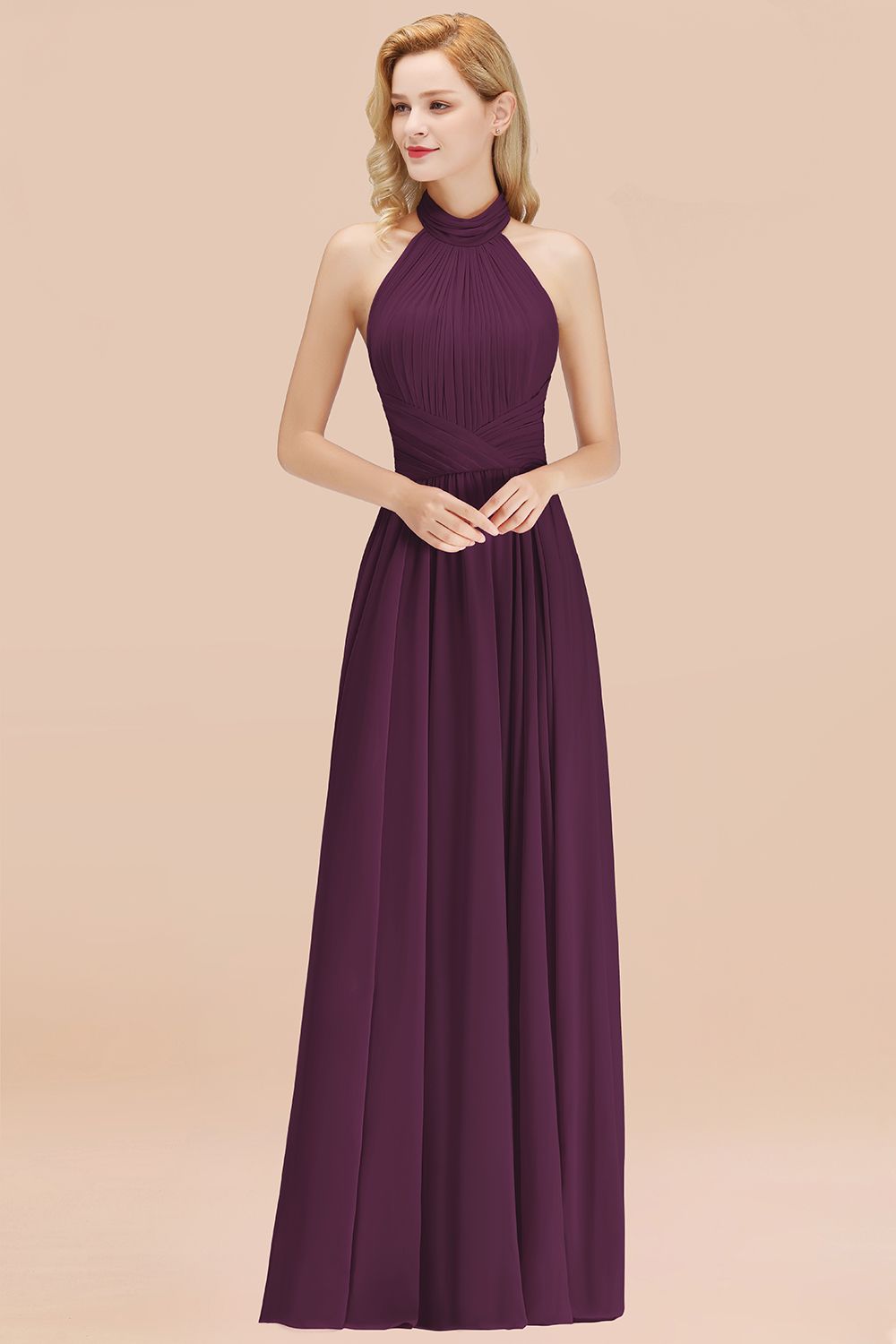 Gorgeous High-Neck Halter Backless Bridesmaid Dresses Dusty Rose Chiffon Maid of Honor Dress - Fashionpara