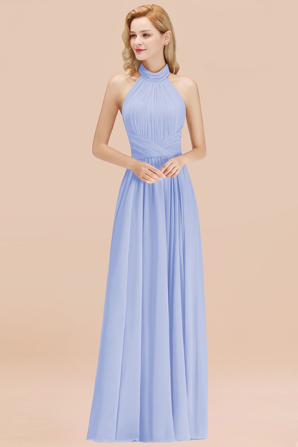 Gorgeous High-Neck Halter Backless Bridesmaid Dresses Dusty Rose Chiffon Maid of Honor Dress - Fashionpara