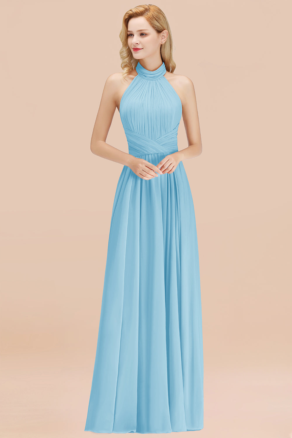 Gorgeous High-Neck Halter Backless Bridesmaid Dresses Dusty Rose Chiffon Maid of Honor Dress - Fashionpara