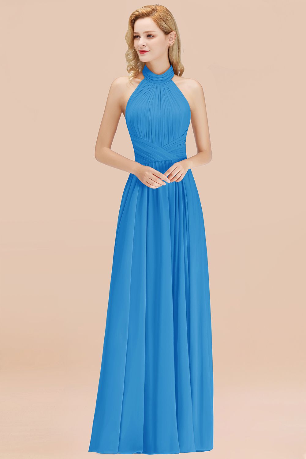 Gorgeous High-Neck Halter Backless Bridesmaid Dresses Dusty Rose Chiffon Maid of Honor Dress - Fashionpara