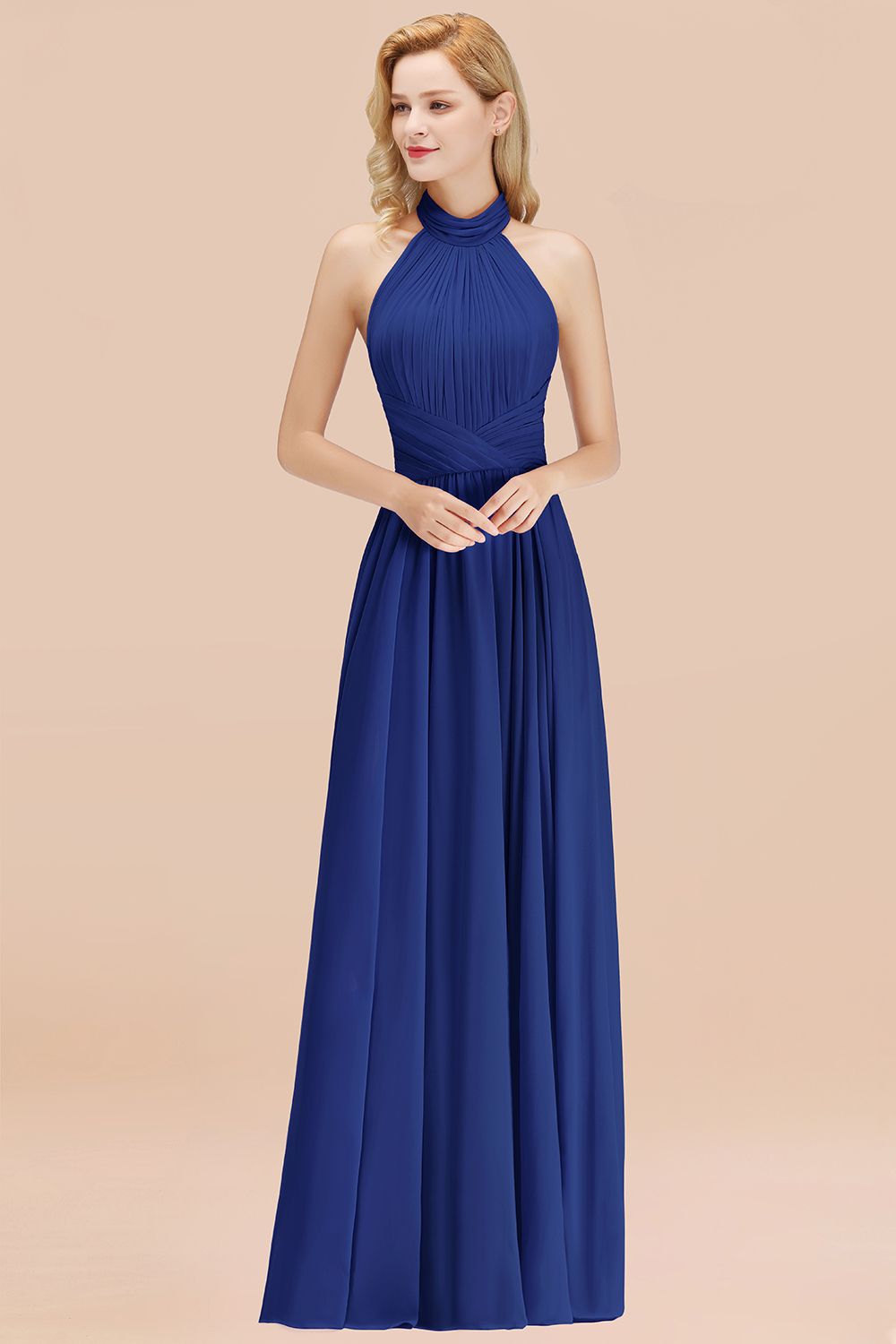 Gorgeous High-Neck Halter Backless Bridesmaid Dresses Dusty Rose Chiffon Maid of Honor Dress - Fashionpara