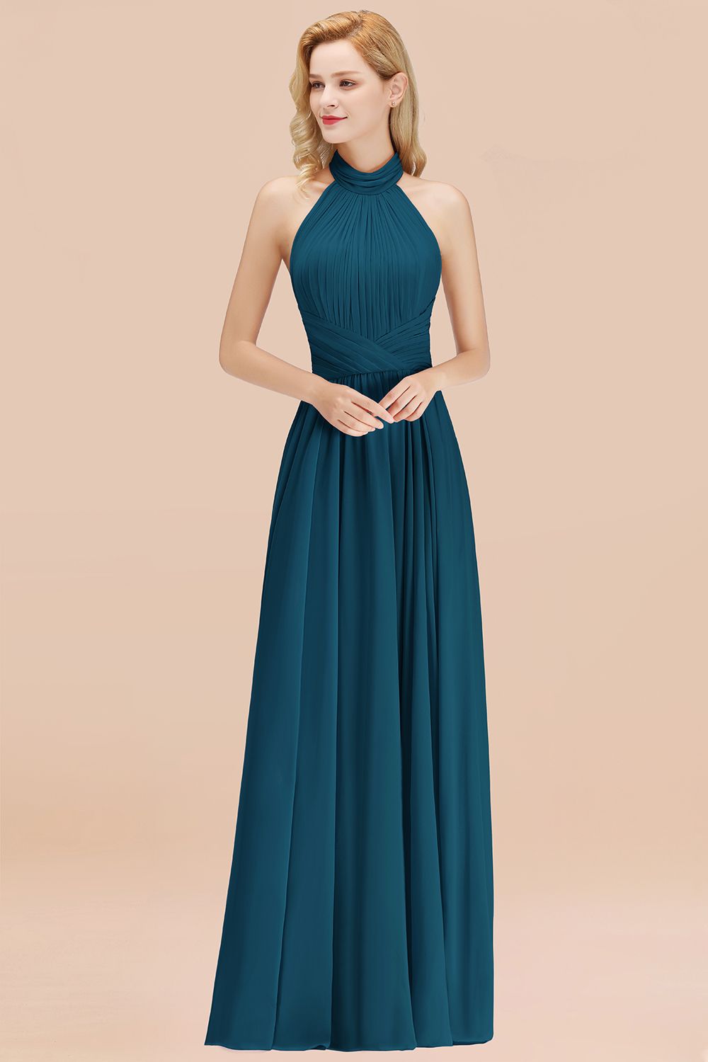 Gorgeous High-Neck Halter Backless Bridesmaid Dresses Dusty Rose Chiffon Maid of Honor Dress - Fashionpara