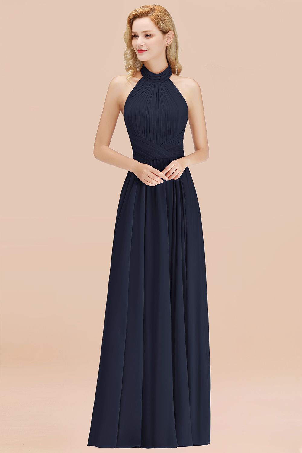 Gorgeous High-Neck Halter Backless Bridesmaid Dresses Dusty Rose Chiffon Maid of Honor Dress - Fashionpara