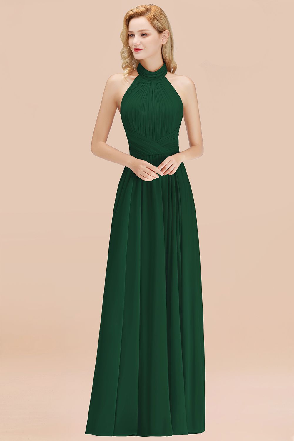 Gorgeous High-Neck Halter Backless Bridesmaid Dresses Dusty Rose Chiffon Maid of Honor Dress - Fashionpara