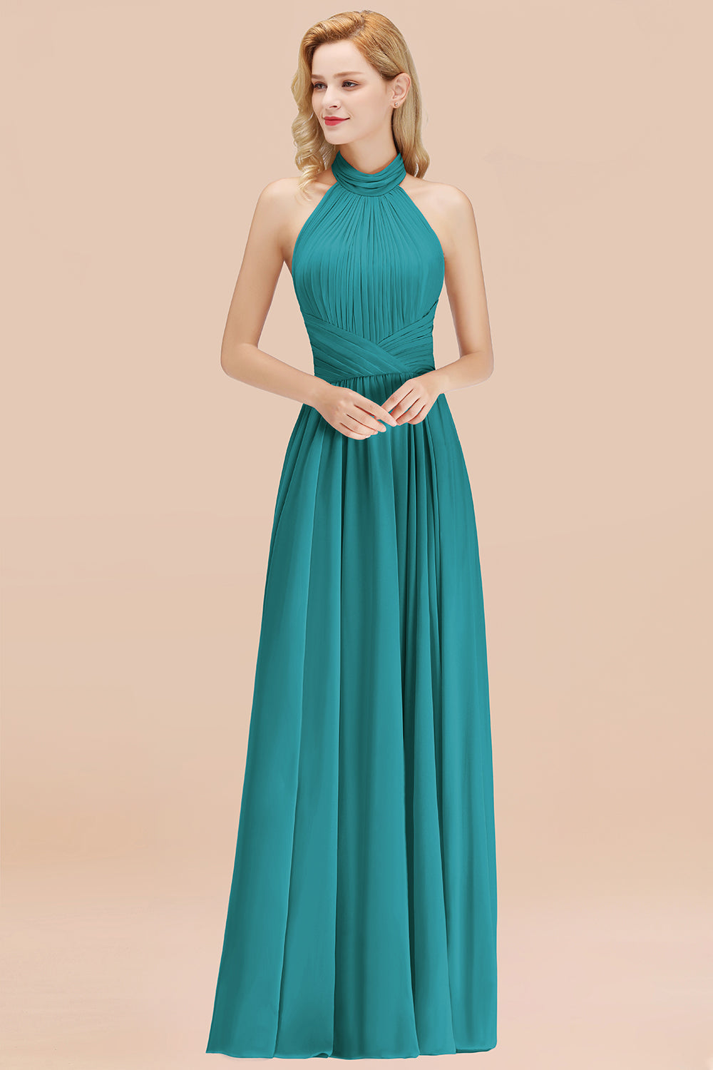 Gorgeous High-Neck Halter Backless Bridesmaid Dresses Dusty Rose Chiffon Maid of Honor Dress