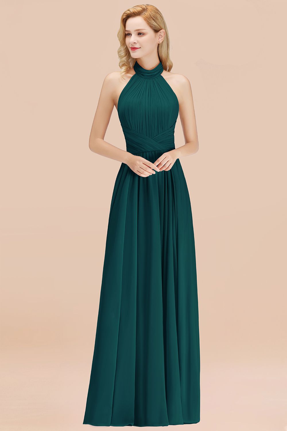 Gorgeous High-Neck Halter Backless Bridesmaid Dresses Dusty Rose Chiffon Maid of Honor Dress