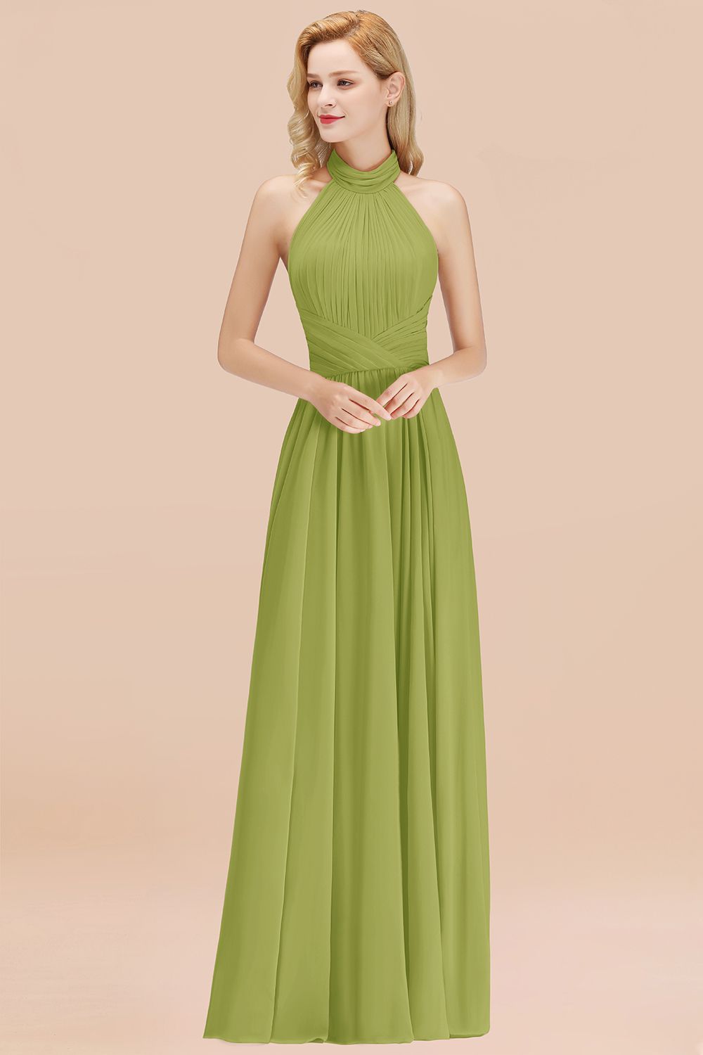 Gorgeous High-Neck Halter Backless Bridesmaid Dresses Dusty Rose Chiffon Maid of Honor Dress