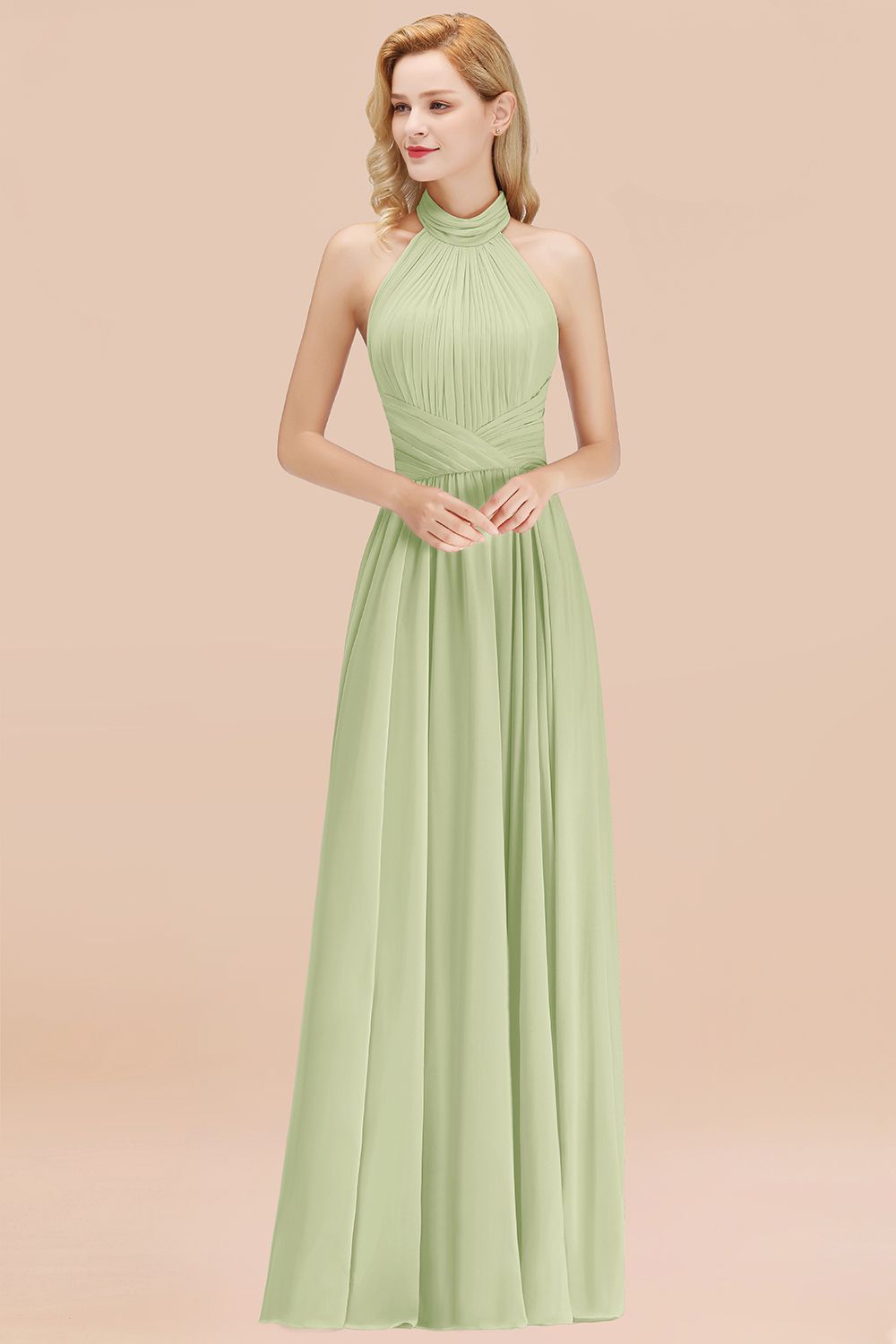Gorgeous High-Neck Halter Backless Bridesmaid Dresses Dusty Rose Chiffon Maid of Honor Dress