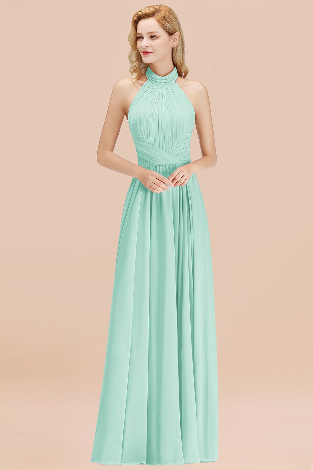 Gorgeous High-Neck Halter Backless Bridesmaid Dresses Dusty Rose Chiffon Maid of Honor Dress