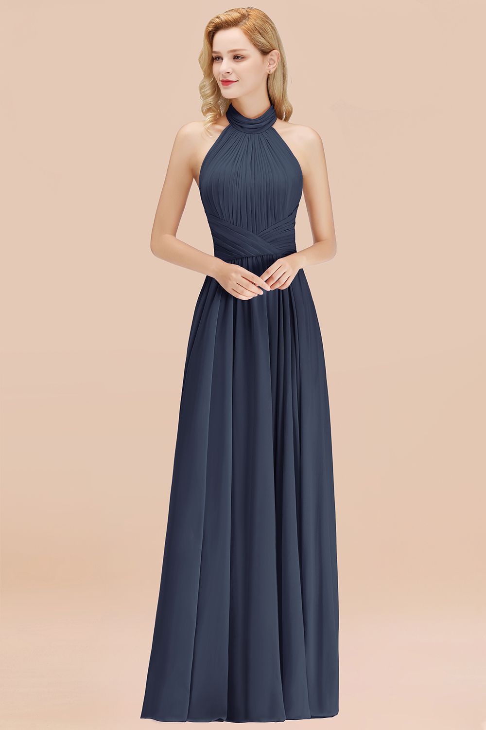 Gorgeous High-Neck Halter Backless Bridesmaid Dresses Dusty Rose Chiffon Maid of Honor Dress