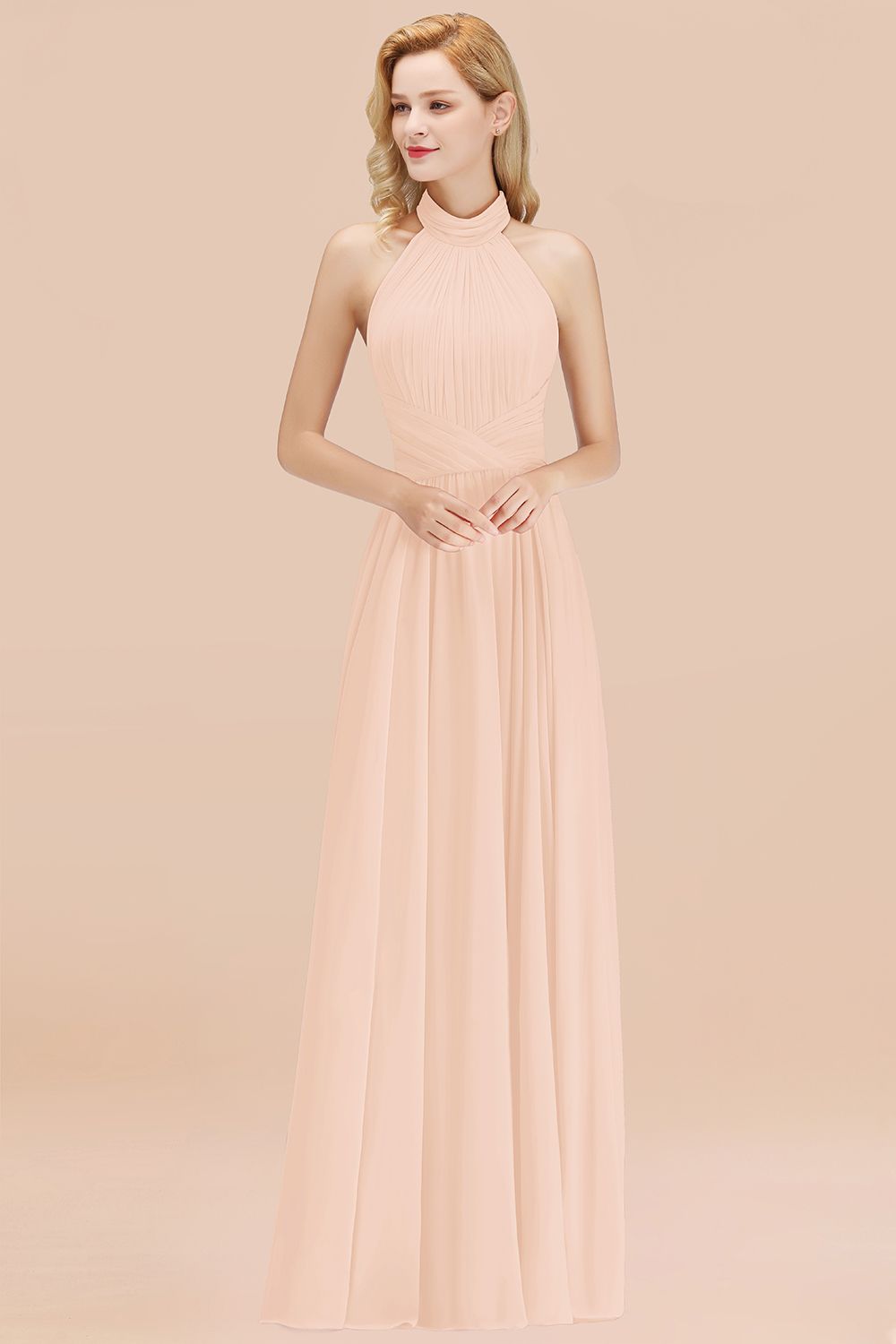 Gorgeous High-Neck Halter Backless Bridesmaid Dresses Dusty Rose Chiffon Maid of Honor Dress - Fashionpara
