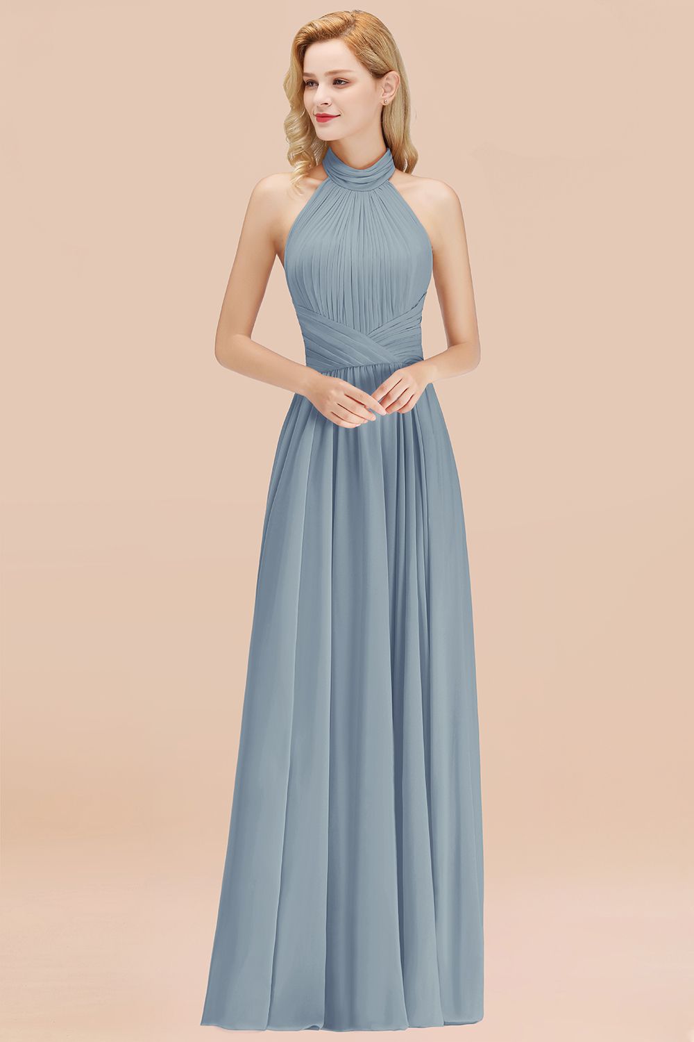 Gorgeous High-Neck Halter Backless Bridesmaid Dresses Dusty Rose Chiffon Maid of Honor Dress