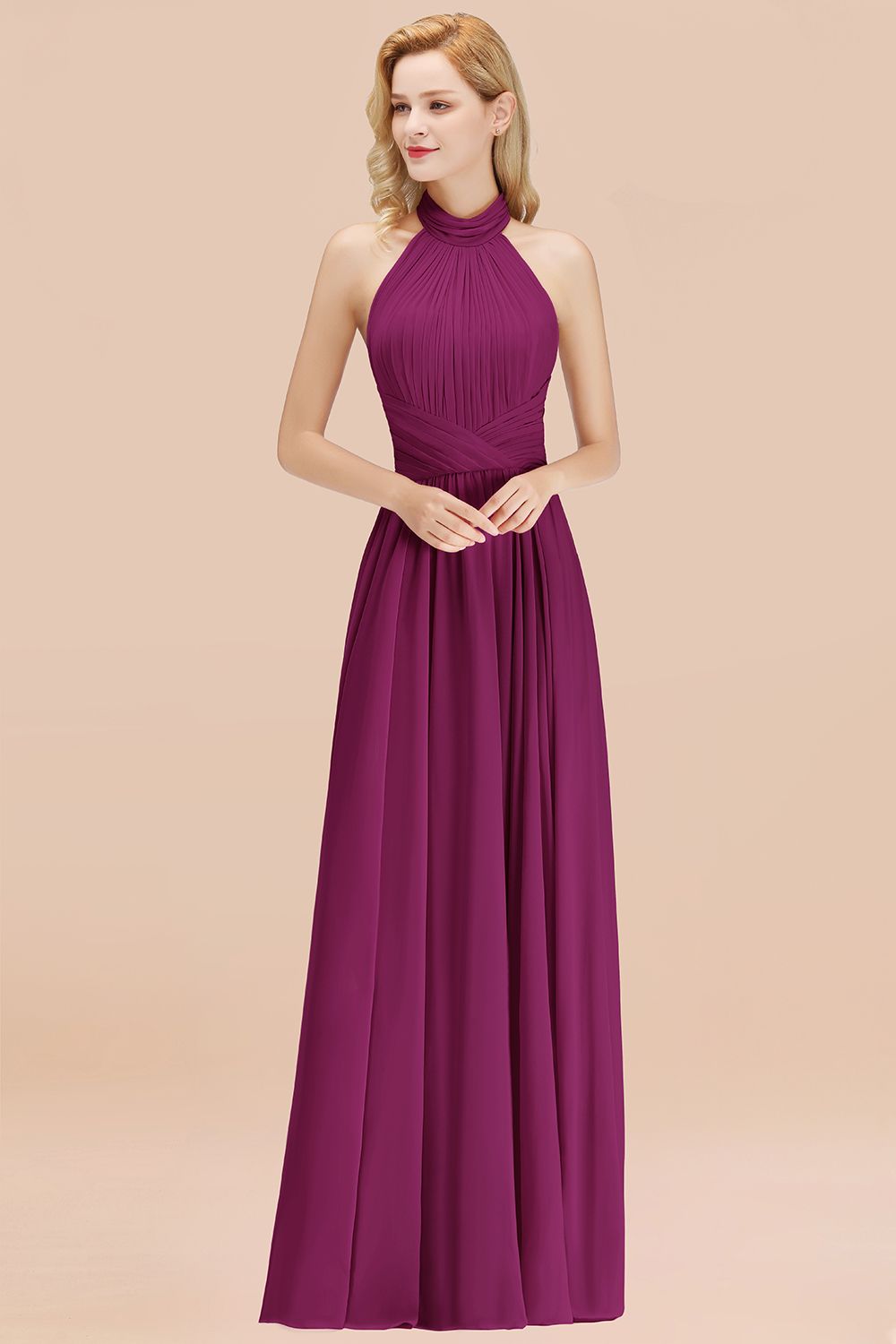 Gorgeous High-Neck Halter Backless Bridesmaid Dresses Dusty Rose Chiffon Maid of Honor Dress
