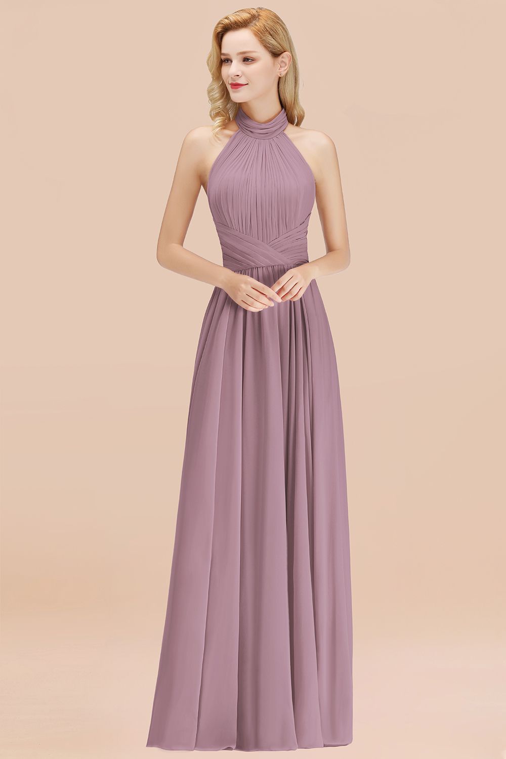 Gorgeous High-Neck Halter Backless Bridesmaid Dresses Dusty Rose Chiffon Maid of Honor Dress
