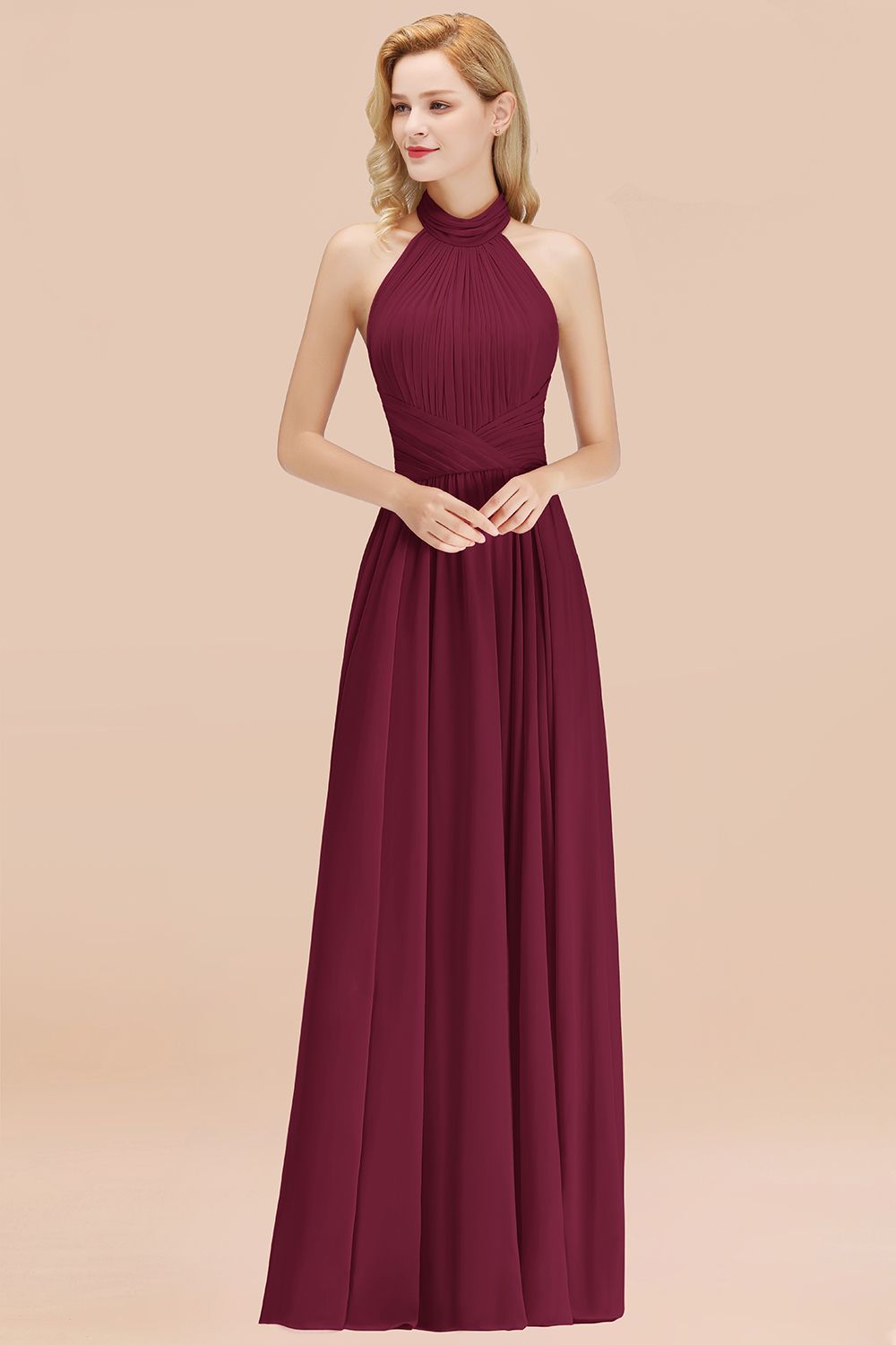 Gorgeous High-Neck Halter Backless Bridesmaid Dresses Dusty Rose Chiffon Maid of Honor Dress
