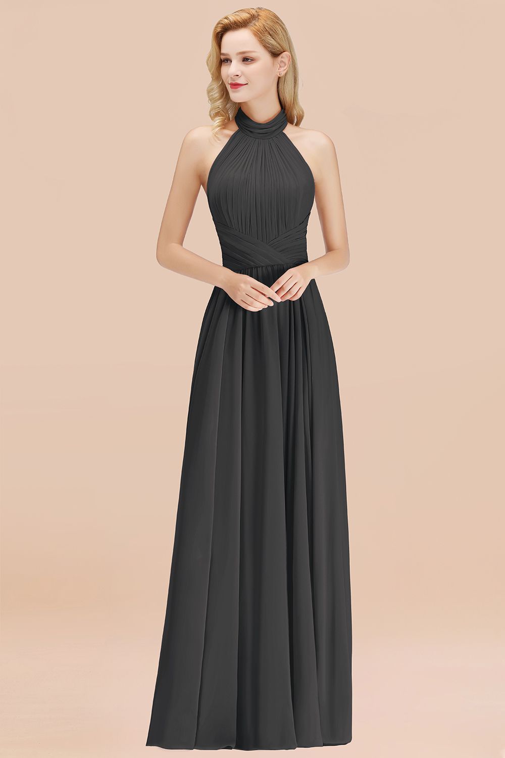 Gorgeous High-Neck Halter Backless Bridesmaid Dresses Dusty Rose Chiffon Maid of Honor Dress