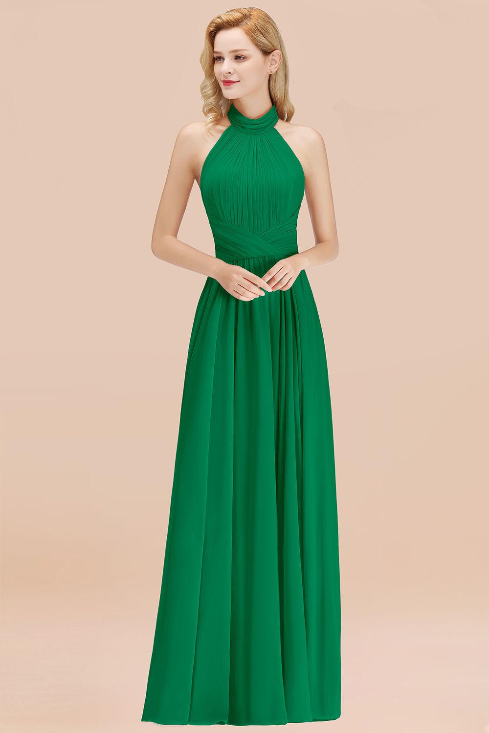 Gorgeous High-Neck Halter Backless Bridesmaid Dresses Dusty Rose Chiffon Maid of Honor Dress