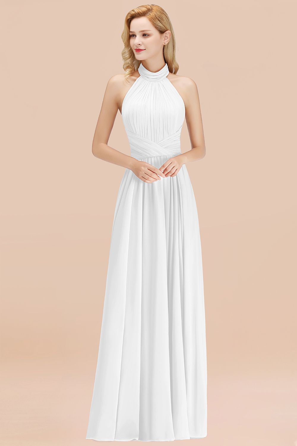 Gorgeous High-Neck Halter Backless Bridesmaid Dresses Dusty Rose Chiffon Maid of Honor Dress - Fashionpara