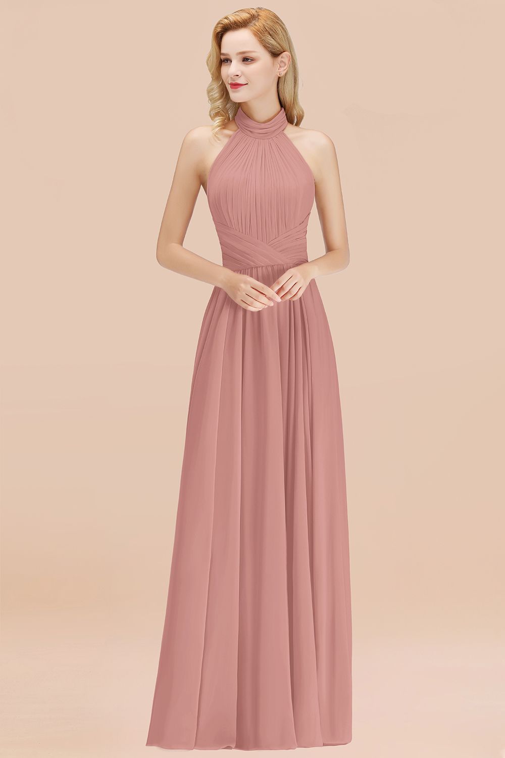 Gorgeous High-Neck Halter Backless Bridesmaid Dresses Dusty Rose Chiffon Maid of Honor Dress