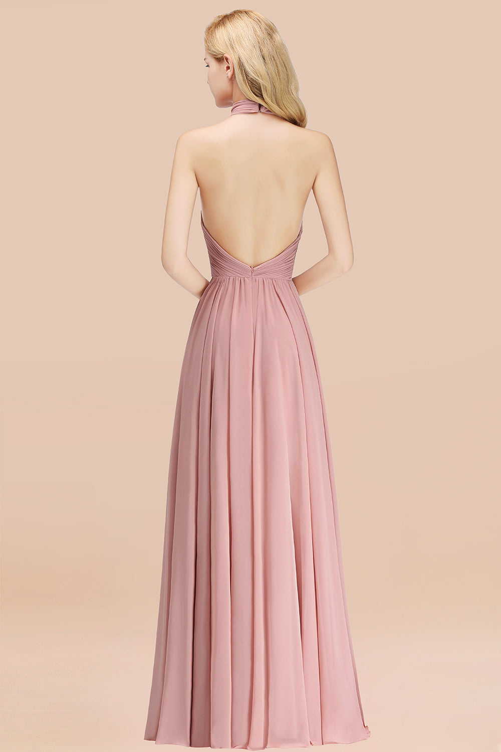 Gorgeous High-Neck Halter Backless Bridesmaid Dresses Dusty Rose Chiffon Maid of Honor Dress