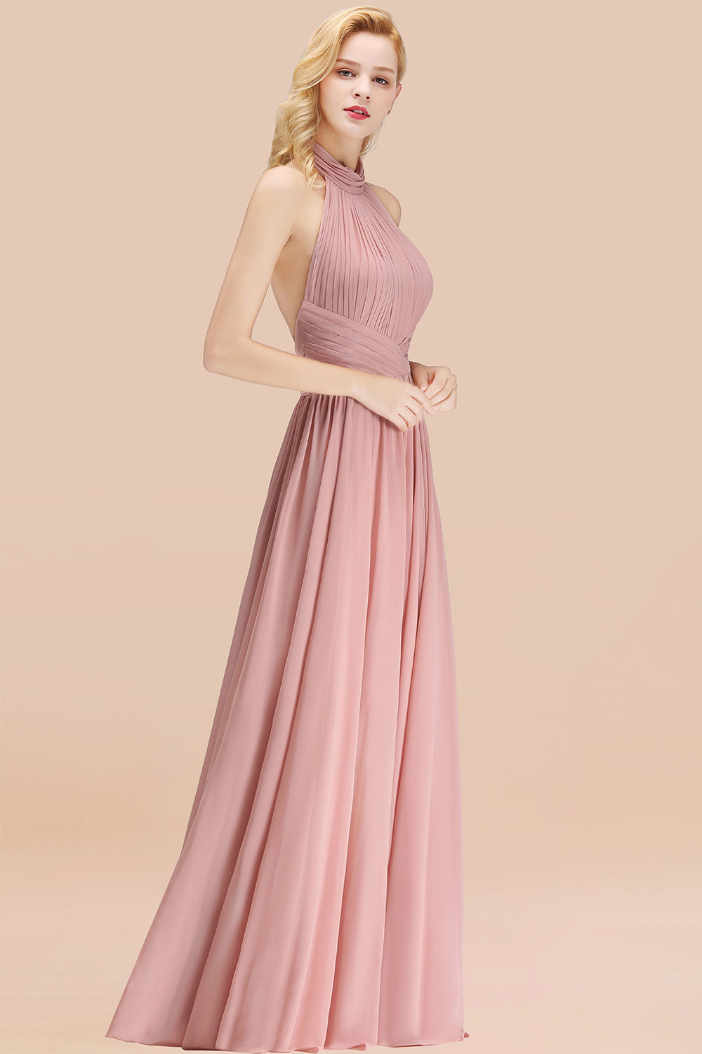 Gorgeous High-Neck Halter Backless Bridesmaid Dresses Dusty Rose Chiffon Maid of Honor Dress