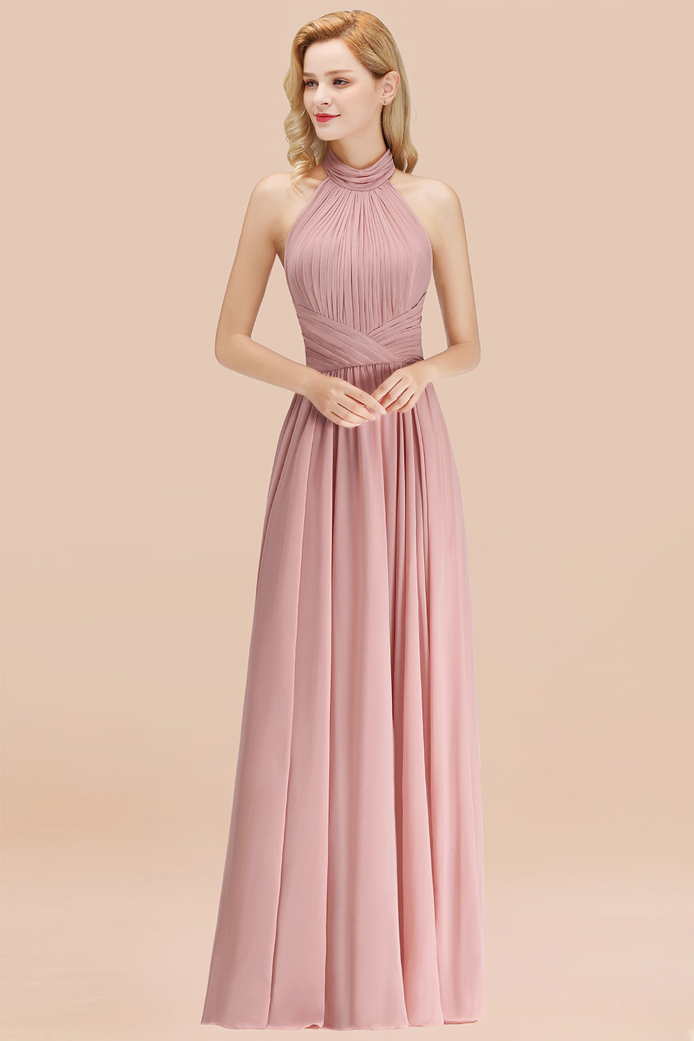 Gorgeous High-Neck Halter Backless Bridesmaid Dresses Dusty Rose Chiffon Maid of Honor Dress