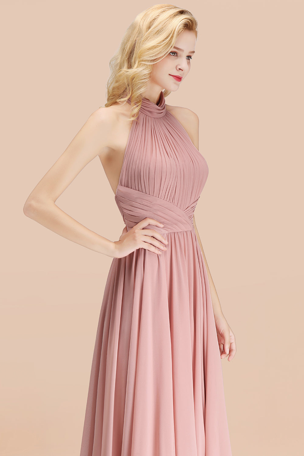 Gorgeous High-Neck Halter Backless Bridesmaid Dresses Dusty Rose Chiffon Maid of Honor Dress