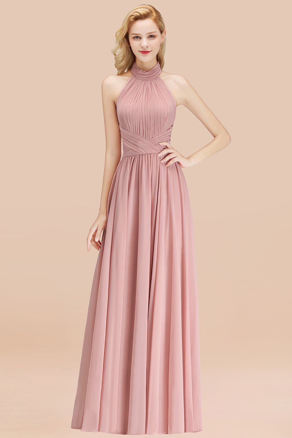 Gorgeous High-Neck Halter Backless Bridesmaid Dresses Dusty Rose Chiffon Maid of Honor Dress