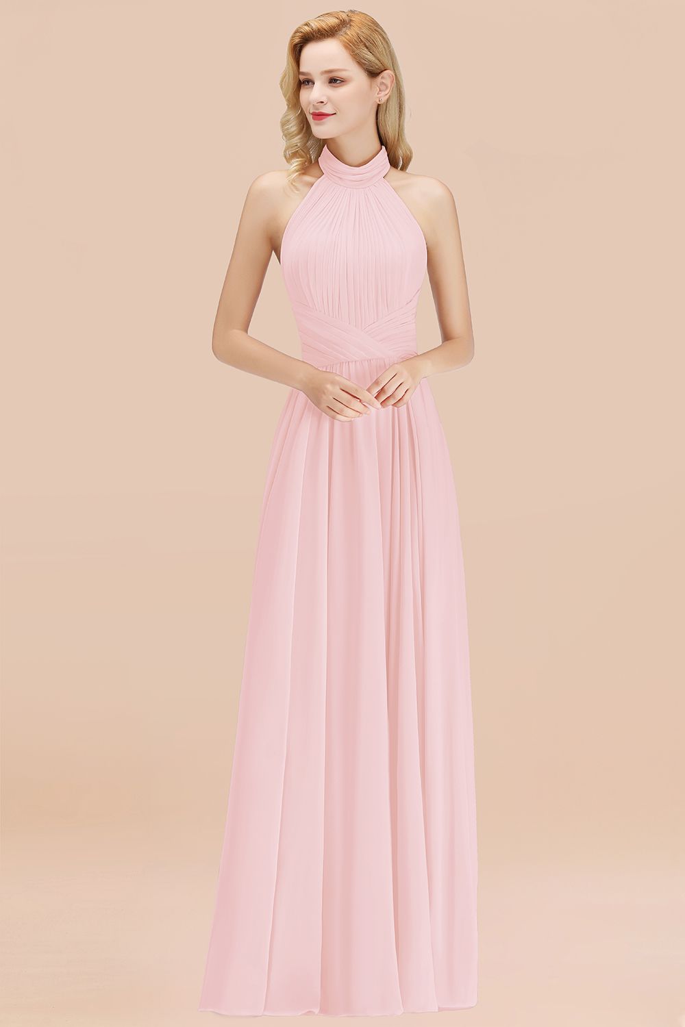 Gorgeous High-Neck Halter Backless Bridesmaid Dresses Dusty Rose Chiffon Maid of Honor Dress - Fashionpara