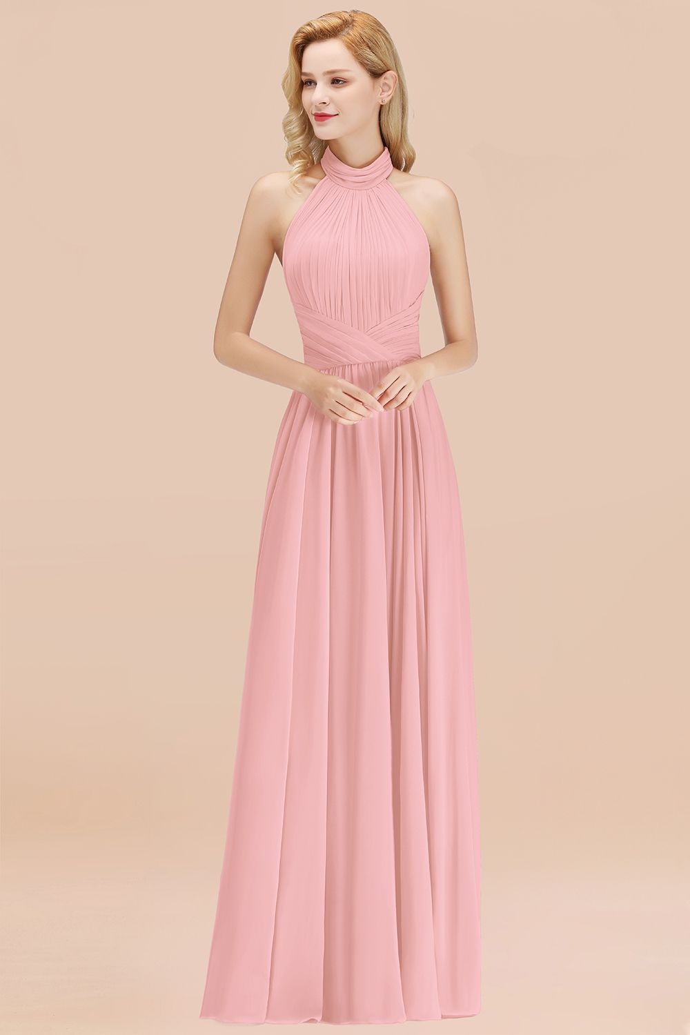 Gorgeous High-Neck Halter Backless Bridesmaid Dresses Dusty Rose Chiffon Maid of Honor Dress - Fashionpara